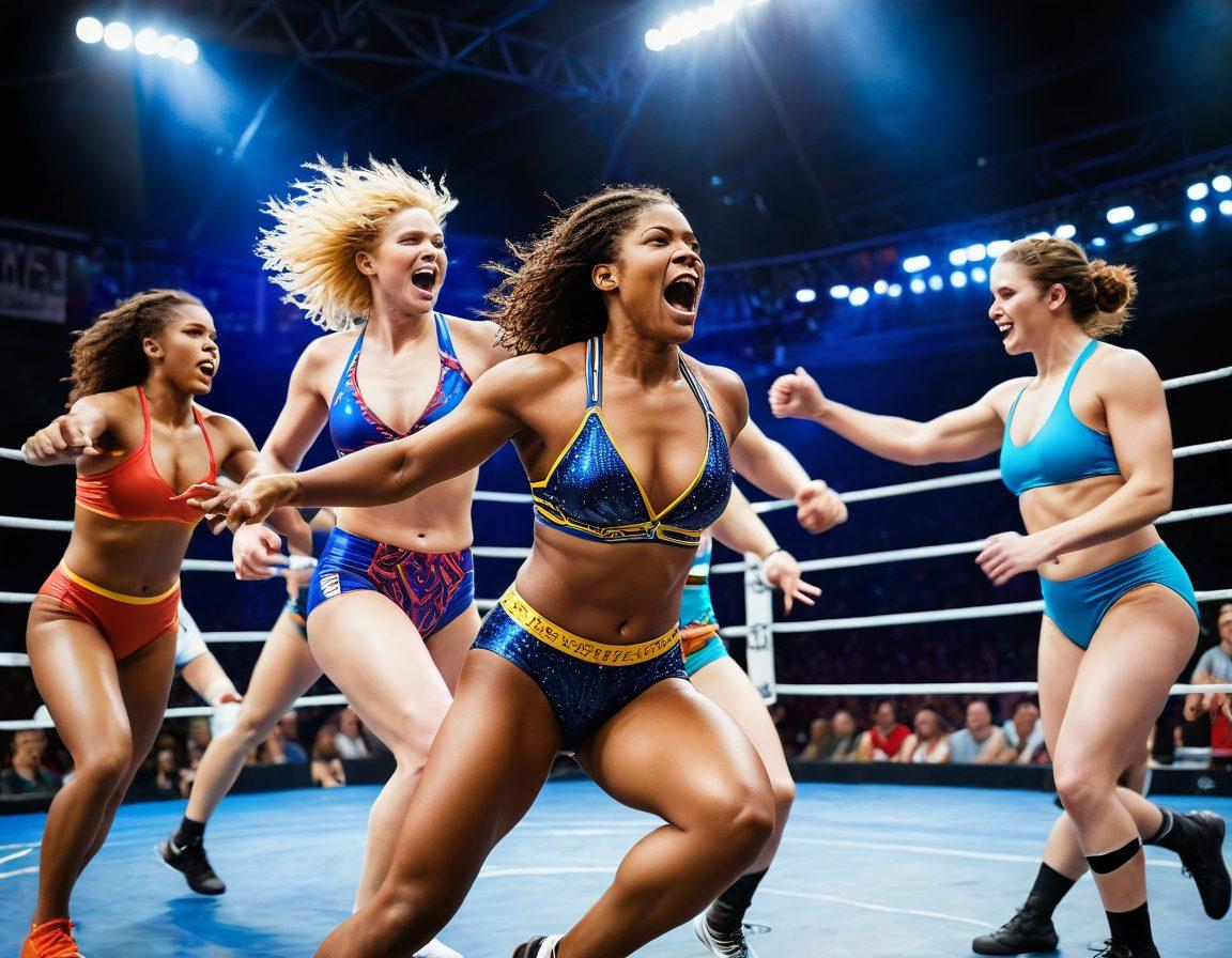 A dynamic scene showcasing various female wrestlers in colorful, sizzling swimsuits during an intense competition. The wrestlers display fierce expressions, epitomizing strength and confidence, with spectators in the background cheering passionately. The setting is a brightly lit wrestling ring, adorned with banners and vibrant lighting to enhance the excitement. Include a mix of cultural diversity among the wrestlers. vibrant colors. super-realistic. dramatic lighting.