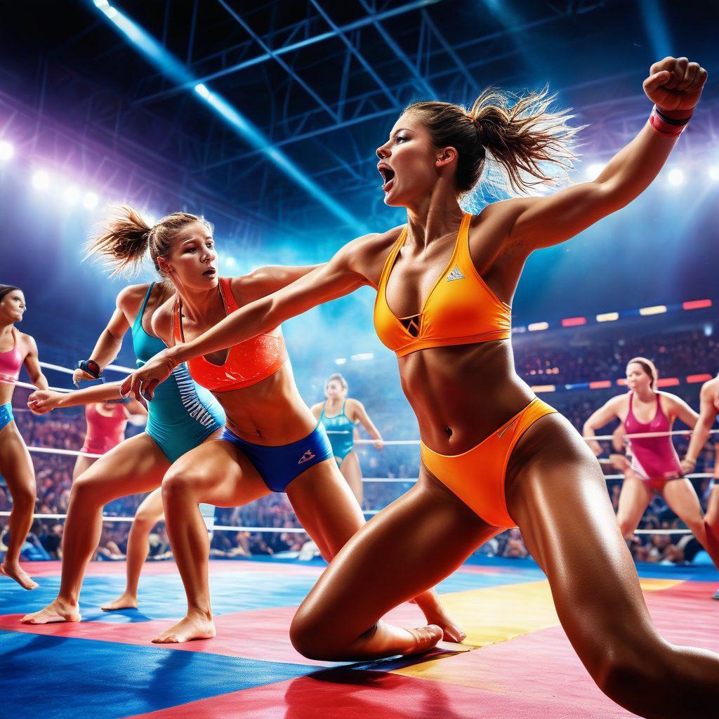 A dynamic scene showcasing female athletes in vibrant, sizzling swimsuits, grappling and showcasing their strength in a wrestling ring under bright lights. Emphasize the energy, determination, and athleticism of the women, with colorful sweat glistening and an audience cheering in the background. Capture the intensity of competition and empowerment. super-realistic. vibrant colors. high contrast.